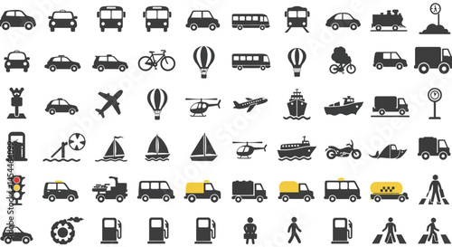 Diverse Transportation Icons Depicting Various Vehicles and Modes of Travel