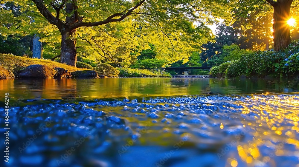 Serene tranquil garden scene at golden hour.