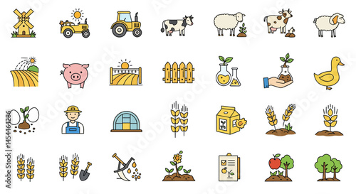 Farm and Agriculture Icons Windmill Tractor Pig Field Farmer and Crops