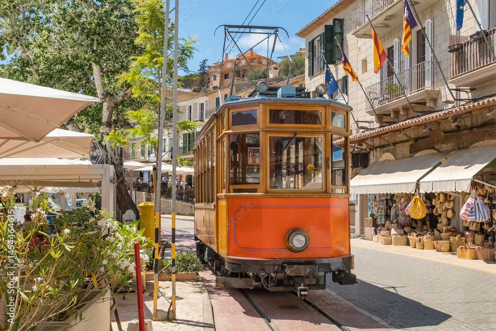 Historic vintage tram in the summer resort town of Port de Soller, Mallorca, Spain