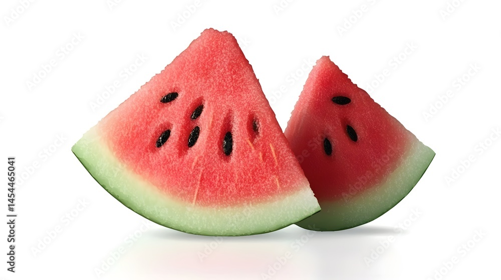 Two juicy watermelon slices against a bright white background. Two juicy watermelon slices against a bright white background.