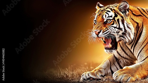Powerful tiger in dramatic lighting and golden hues.