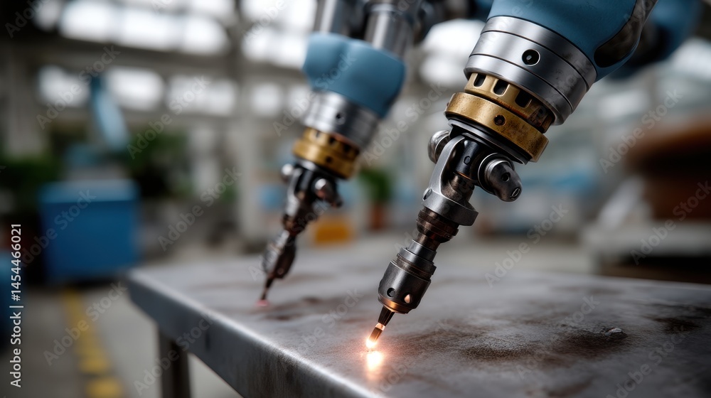 Industrial Robots Welding Metal Surface in Workshop or Factory Setting with Focus on Welding Tips and Nozzles Industrial Robots Welding Metal Surface in Workshop or Factory Setting with Focus on Welding Tips and Nozzles