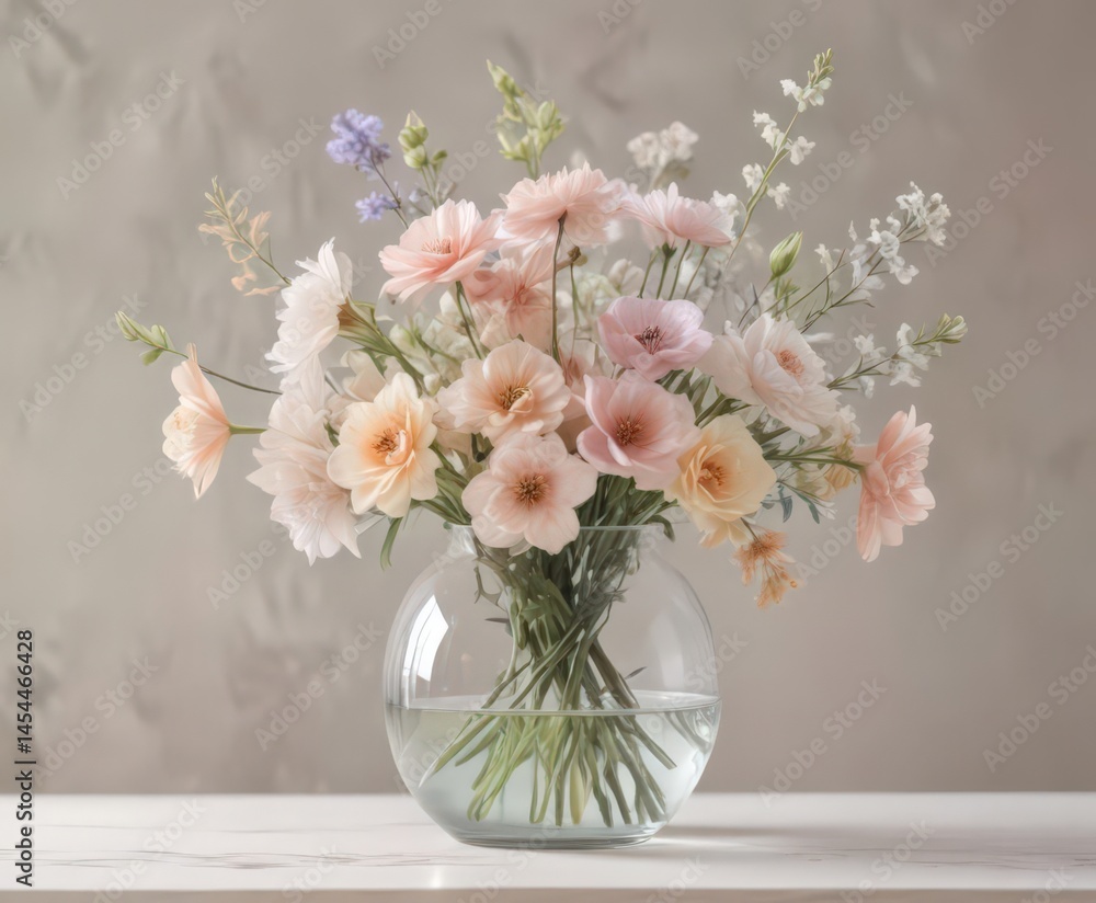 Obraz premium Delicate pastel watercolor flowers in a glass vase, soft hues and gentle brushstrokes , gentle, picturesque