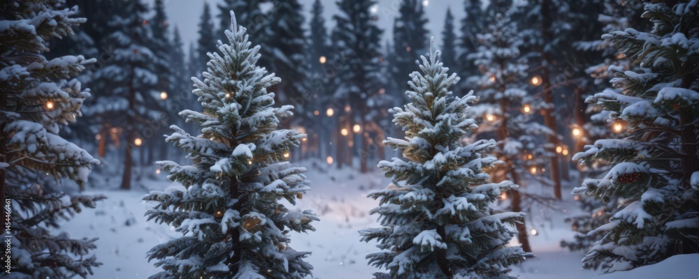 Fototapeta premium Snow-covered pine trees, twinkling lights, frosted berries , photography, background