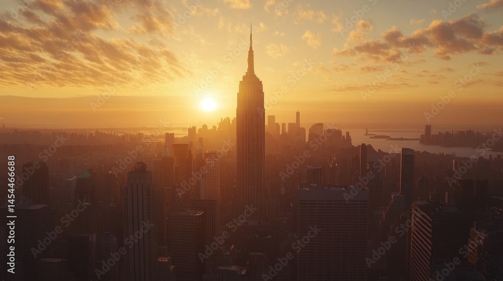 Obraz premium City skyline at golden hour. Vast urban sprawl bathed in warm sunset light, highlighting iconic skyscraper, with hazy atmosphere