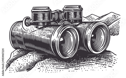 Vintage Style Binoculars Illustration in Black and White for Design