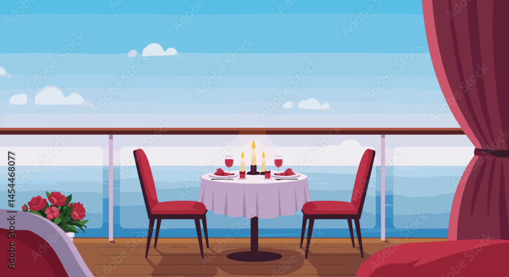Fototapeta premium Romantic setting for dinner on a cruise ship balcony overlooking the ocean