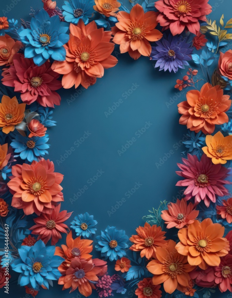 Fototapeta premium Vibrant paper flowers, blue backdrop, central space, pastel, mockup
