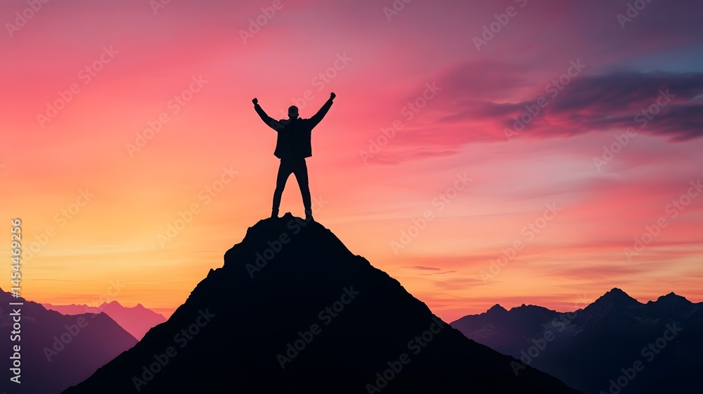 Silhouette of a victorious leader standing on a mountain peak at sunset Silhouette of a victorious leader standing on a mountain peak at sunset