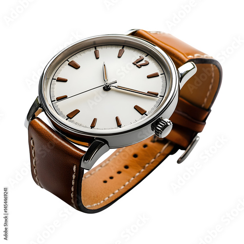 Wristwatch with leather strap, angled view, isolated