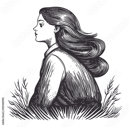 Detailed Vector Illustration of a Woman with Long Hair in Profile View