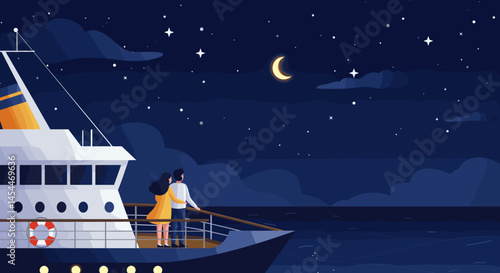 Couple enjoying a romantic night on a cruise against starry sky  