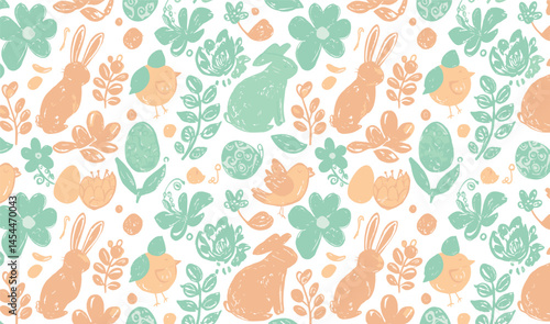 Easter set with cute bunny, egg and flower. Crayon kid rabbit, bird chick, leaf. Hand drawn cartoon vector. Spring drawing. Happy Easter cute illustration. Pastel chalk clipart. 