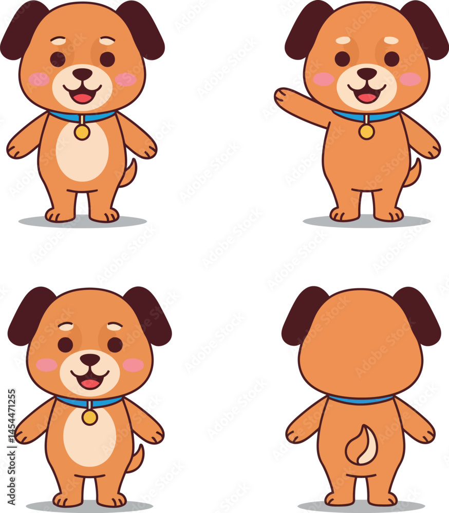 Obraz premium Cute cartoon dog character in four different poses for t-shirt and project illustrations vector 