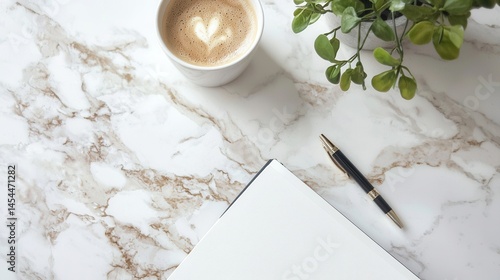 Wallpaper Mural Flatlay of Coffee Notebook Pen and Plant on Marble Torontodigital.ca