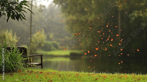 Gentle autumnal breeze stirring fallen leaves near a pond.