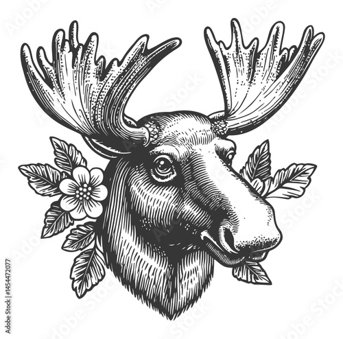 Detailed Vintage Moose Illustration in Black and White Style