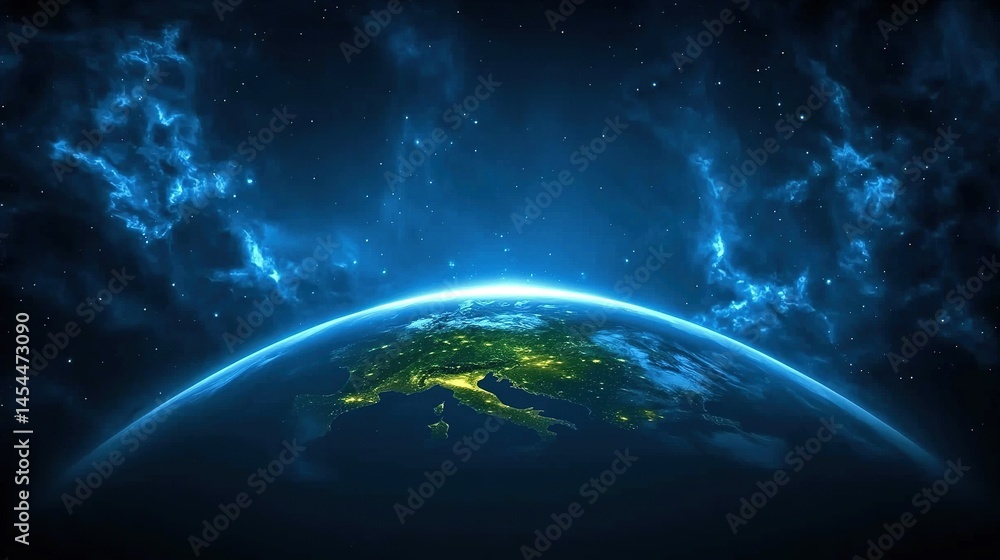 Fototapeta premium Cosmic view of the illuminated Earth.
