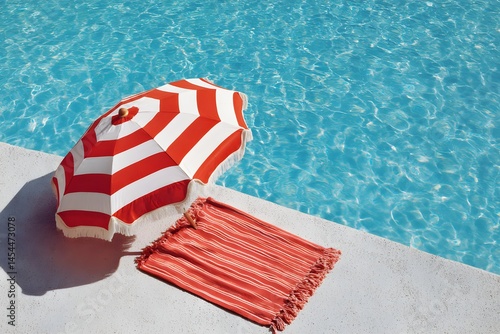 Bright Beach Umbrella and Towel by Refreshing Swimming Pool