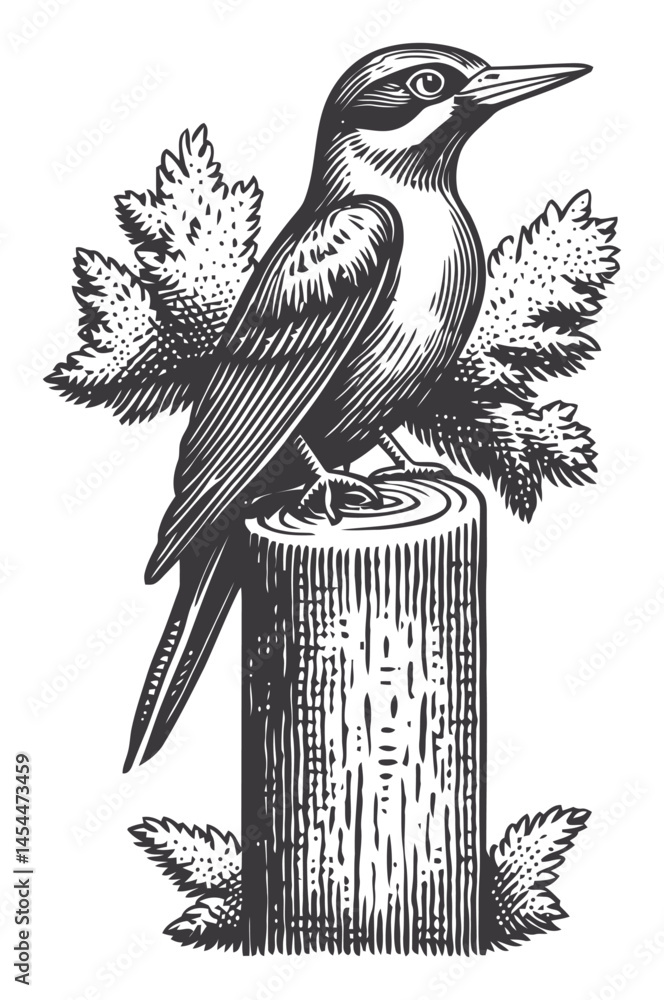 Naklejka premium Detailed Woodcut Style Illustration of a Bird on a Log with Leaves
