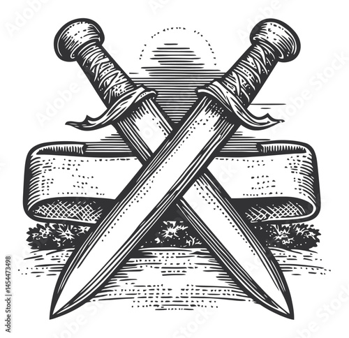 Vintage Style Crossed Swords with Ribbon Banner Vector Illustration