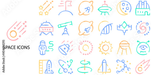 Space simple concept 24 Flat color icons set. Contains such satellite, universe, astronaut, rocket, comet, telescope and planet .Vector illustration.
