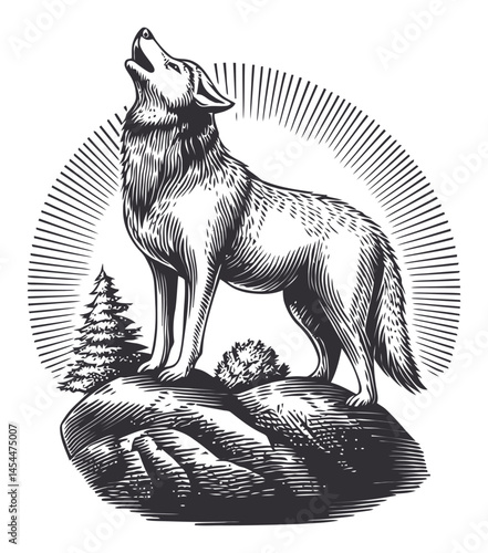 Vintage Wolf Illustration with Howling Posture and Natural Elements