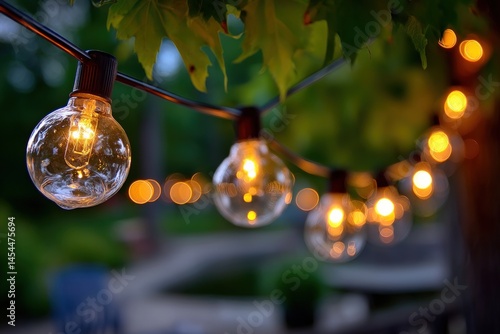 String lights illuminate outdoor patio at dusk for party, relaxation