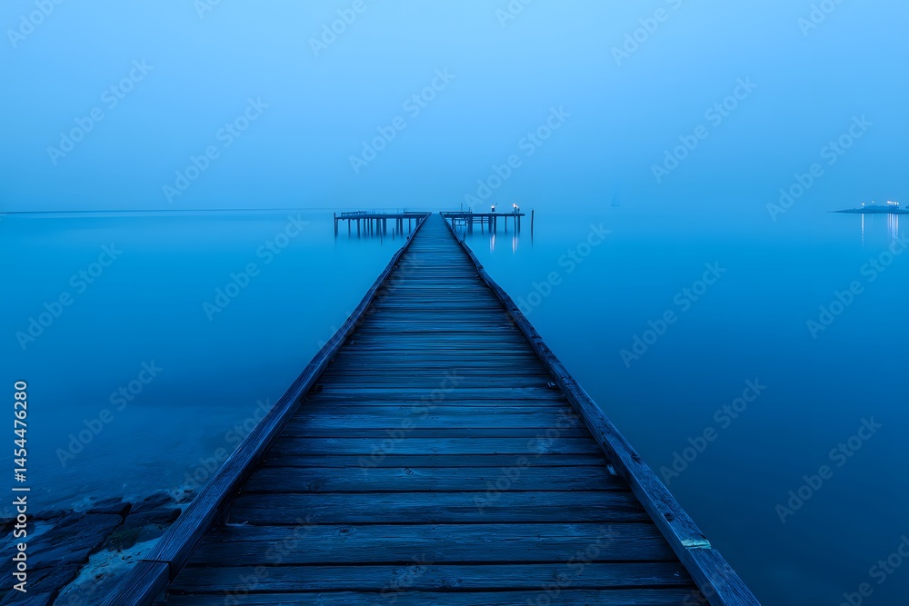 Fototapeta premium Serene Wooden Pier Stretching into Misty Blue Waters at Dusk
