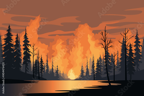 Forest fire, landscape vector illustration. Natural disasters destroy trees and wildlife habitats with fire. Burning trees in the forest. Silhouettes of burning trees.