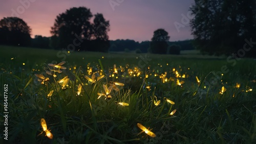 Magical summer night field illuminated by glowing fireflies