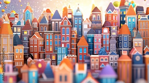 Colorful, stylized city skyline scene with detailed buildings.
