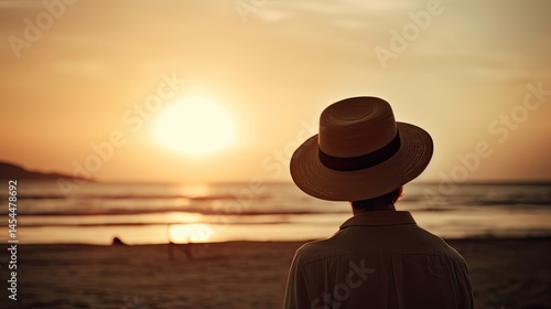 Silhouette of a person in a straw hat watching the sunset at the beach, tranquil and dreamy 
