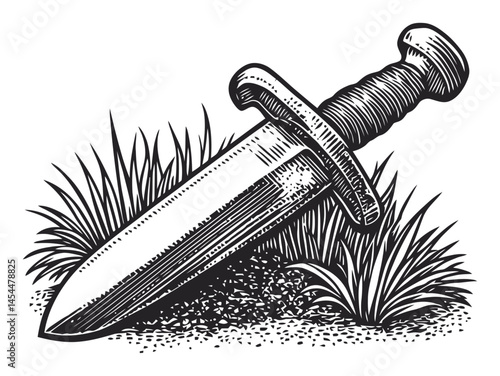 Detailed Vintage Knife Illustration in Grass with Engraved Style