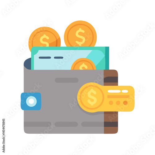 Wallet with Coins and Credit Card Icon Representing Personal Finance and Payment Method