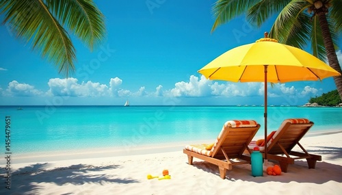 Beach vacation scene with sun loungers and beach toys, ball, ocean