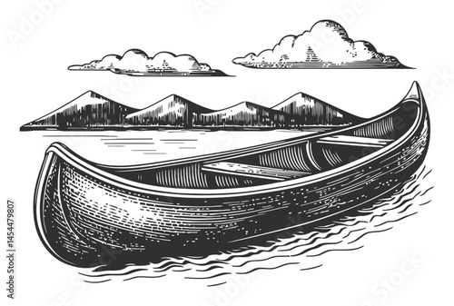 Vintage Canoe Illustration with Mountains and Clouds in Scenic Background