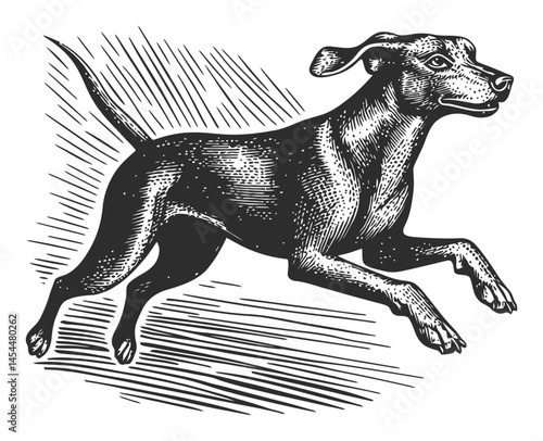 Vintage Black and White Illustration of a Running Dog in Motion
