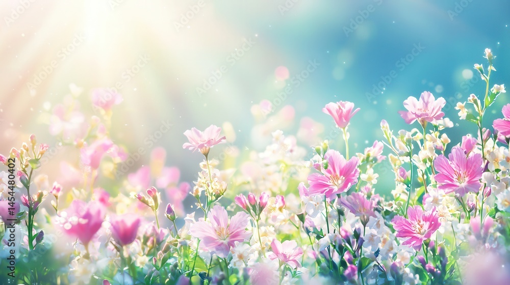 Fototapeta premium Sunlit Meadow of Delicate Pink and White Blossoms