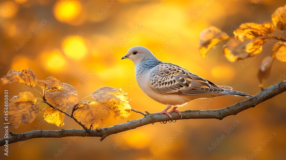 A serene dove perched on a branch, bathed in warm autumn sunlight A serene dove perched on a branch, bathed in warm autumn sunlight