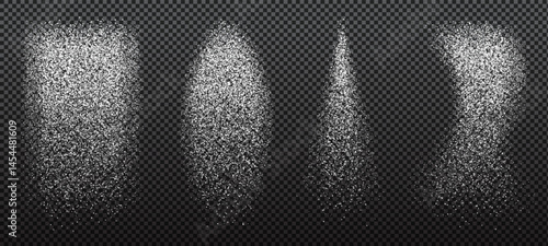Design elements for kitchen, bakery, advertising, video. Powder sugar explosion splash, falling flour, salt powder falling gently, snow flying. Kitchen or winter vector backgtouns. White dots.