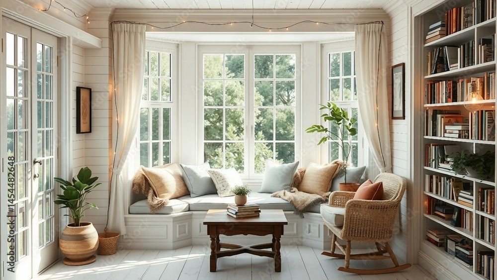 Fototapeta premium Lichtdurchflutete Leseecke mit vielen Kissen, Pflanzen und Bücherregal in weißem Raum mit Holzdetails – warm, einladend und skandinavisch inspiriert.