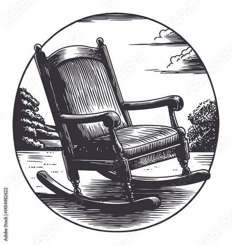 Vintage Rocking Chair Illustration in Circular Frame with Scenic Background