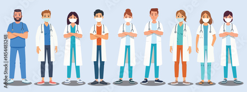 Vector illustration of medical professional, including doctors and nurses in scrub and lab coat, standing as a team. Flat design of hospital staff for healthcare, medical, and clinic-related concepts.