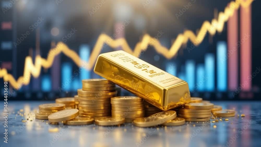 Gold bar and stacks of golden coins depicted with financial chart indicating market trends illustrating wealth economic investment and business concepts for commercial uses