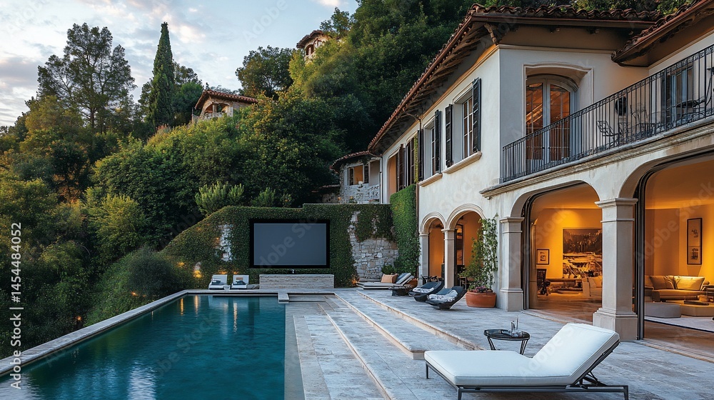 Fototapeta premium Elegant mansion with a captivating outdoor entertainment area and infinity pool