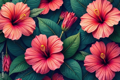 Wallpaper Mural Bold, vibrant hibiscus blooms, tropical seamless repeat, background pattern, bright Torontodigital.ca