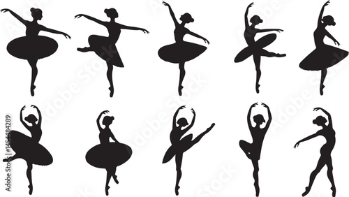 Dancer silhouette illustration set with graceful ballerina poses including arabesque plie and grand jete depicted in fluid motion ideal for ballet or performing arts design