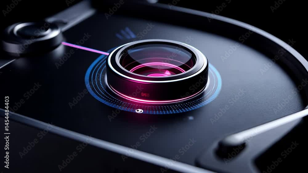 Close-up of a sleek camera lens with vibrant light effects on a dark background, showcasing technology Close-up of a sleek camera lens with vibrant light effects on a dark background, showcasing technology